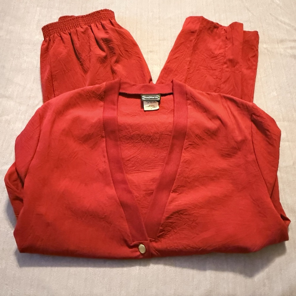 Vintage BonWorth Red Crinkle Lounge Set Womens Medium 2 Pc Jacket Pants